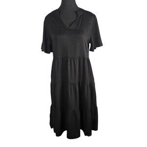 NWT | Black Tiered Ruffle Short Sleeve V-Neck Dress Zipper & Pockets | Medium